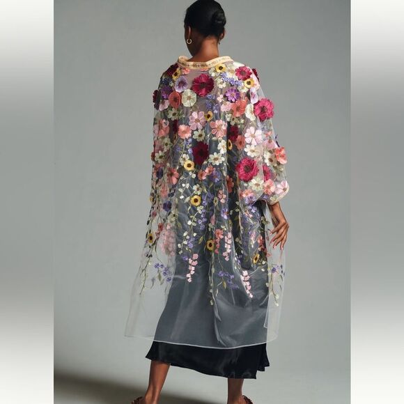 New Anthropologie Self Contrast Floral Appliqué Duster One Size - Picture 5 of 11